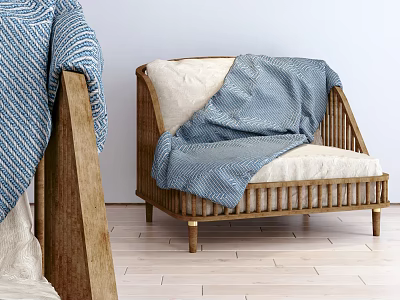 Cozy Single Sofa Interior With Wooden Frame Light Colored Cushion And Blue White Striped Blanket 3d model