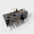Modern Kitchen Island With Grey Countertop Stovetop Fruits Sink And Wooden Stools