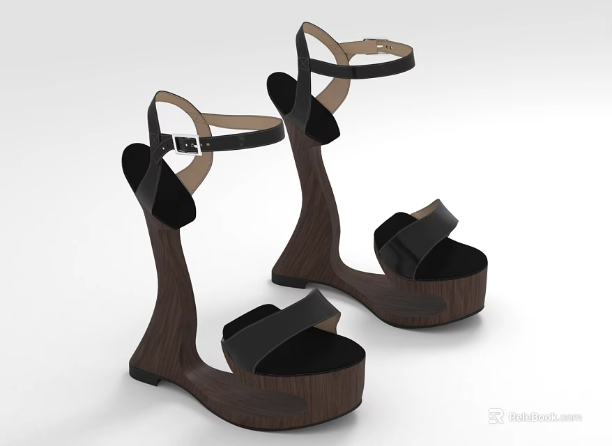 Black Sandals Featuring Wooden Heel Sole And Modern Unique Strap Design 3d model 
