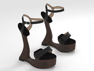 Black Sandals Featuring Wooden Heel Sole And Modern Unique Strap Design 3d model