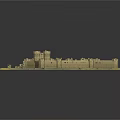 Detailed Ancient Castle Model Featuring Encircling Walls and Tower Structures on Sandy Terrain