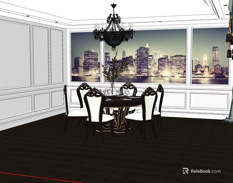 Elegant Dining Table Set With Chandelier White Walls Dark Wood Floor And City View Window 3d model 