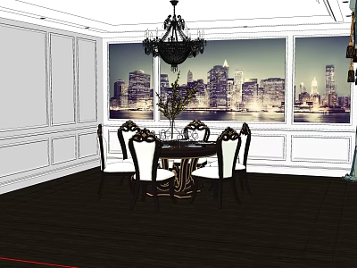 Elegant Dining Table Set With Chandelier White Walls Dark Wood Floor And City View Window 3d model