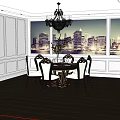 Elegant Dining Table Set With Chandelier White Walls Dark Wood Floor And City View Window