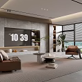 Modern Living Room Interior With Gray Marble Wall Brown Sofa And Floor To Ceiling Windows
