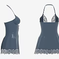 Blue Halter Dress with Satin Like Fabric and Delicate Lace Trim Design