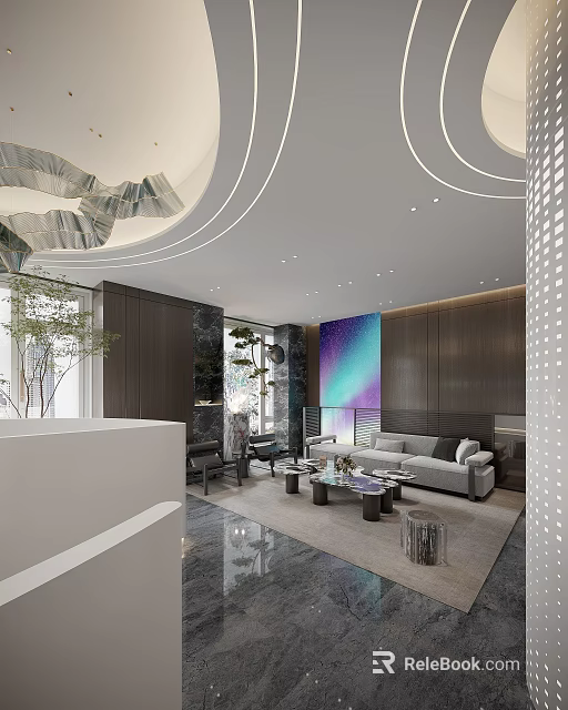 Elegant Modern Lounge Area Interior With Sofa Coffee Tables Decorative Painting And Modern Lighting 3d model 