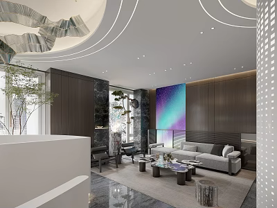 Elegant Modern Lounge Area Interior With Sofa Coffee Tables Decorative Painting And Modern Lighting 3d model