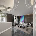 Elegant Modern Lounge Area Interior With Sofa Coffee Tables Decorative Painting And Modern Lighting