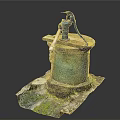 Rustic Hand Water Pump On Green Stone Well Platform With Mossy Weathered Ground