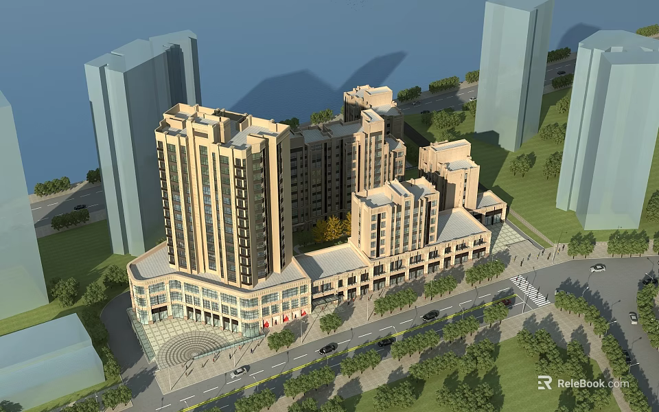 Modern Commercial Street with Modern Architecture High Rise Buildings Retail Storefronts and Greenery 3d model 