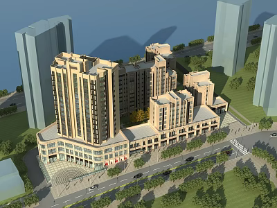 Modern Commercial Street with Modern Architecture High Rise Buildings Retail Storefronts and Greenery 3d model