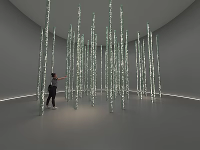 Transparent Vertical Glass Art Installation With Human Interaction In Minimalist Gallery Space 3d model