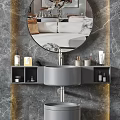 Modern Bathroom Sink Design With Round Mirror Marble Wall Shelves And Toiletries