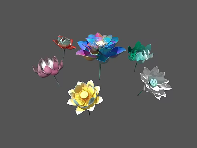 Vibrant Colorful Lotus Flowers In Red Pink Yellow Blue Green White Hues For Decorative 3d model