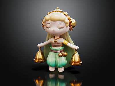 Elegant Doll Character With Closed Eyes Green Skirt Golden Headdress And Bells On Dark Background 3d model