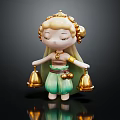 Elegant Doll Character With Closed Eyes Green Skirt Golden Headdress And Bells On Dark Background