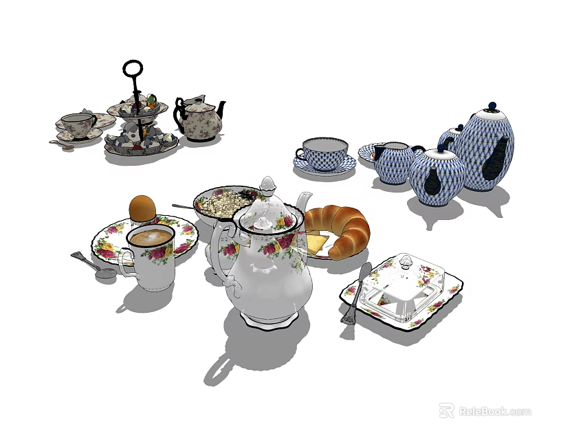 Elegant Ceramic Tea Set With Teapot Cups Saucers Sugar Bowl And Pastry Plate 3d model 