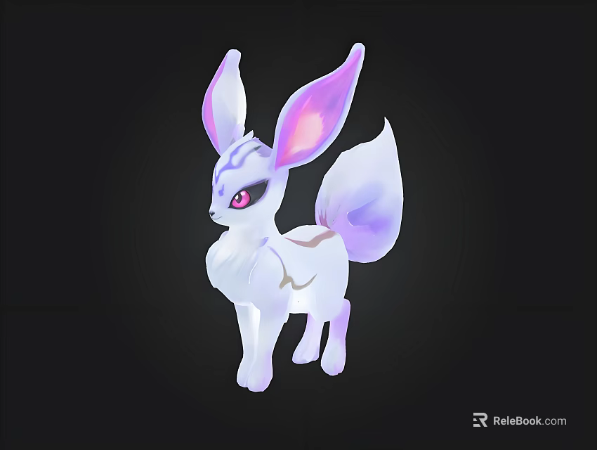 Cute Fantasy White Fox Character With Big Pink Purple Ears Red Eyes And Purple Tail 3d model 