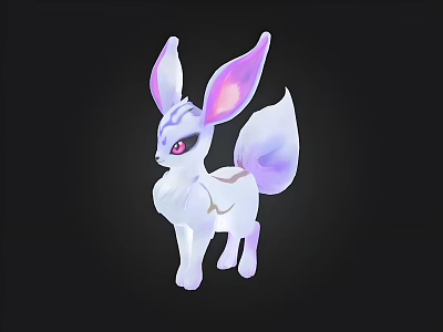 Cute Fantasy White Fox Character With Big Pink Purple Ears Red Eyes And Purple Tail 3d model