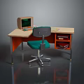 Orange And Beige Writing Desk With Green Office Chair Vintage Computer And Books