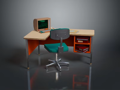 Orange And Beige Writing Desk With Green Office Chair Vintage Computer And Books 3d model