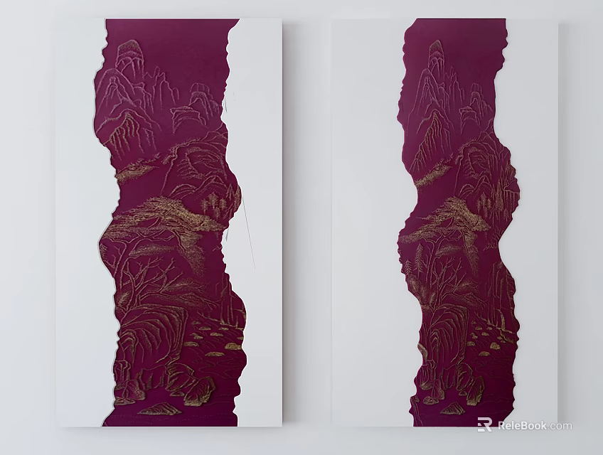 Maroon And Gold Mountain Landscape Irregular Shape Two Pieces Wall Decor 3d model 