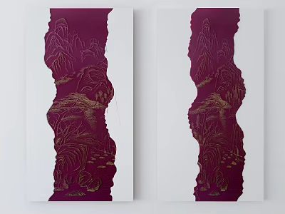 Maroon And Gold Mountain Landscape Irregular Shape Two Pieces Wall Decor 3d model