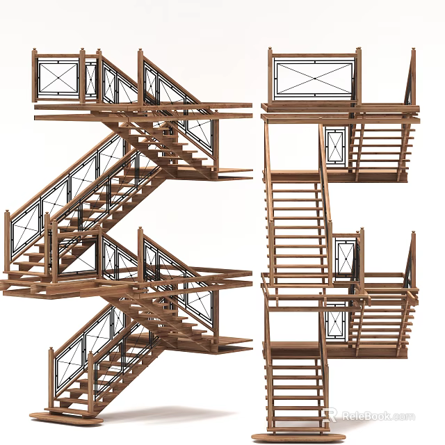 Wooden Stairs Design With Metal Railings And Multiple Views For Home Interior 3d model 