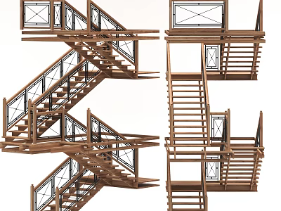 Wooden Stairs Design With Metal Railings And Multiple Views For Home Interior 3d model