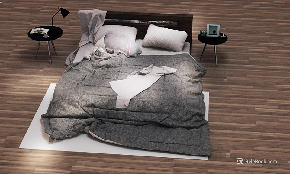 Cozy Double Bed With Gray Duvet Pillows Side Tables Lamp Photo Frame And Wooden Floor 3d model 