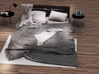 Cozy Double Bed With Gray Duvet Pillows Side Tables Lamp Photo Frame And Wooden Floor 3d model