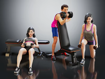 People Exercising Together With Dumbbells And Gym Benches In Fitness Session 3d model