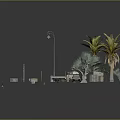 Outdoor Urban Scene With Street Lamp Palm Trees Umbrella Tables Chairs Small Car And Boxes