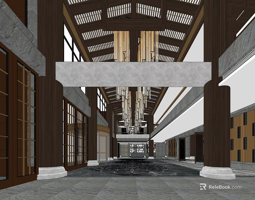 Spacious Hotel Lobby With High Ceiling Wooden Columns And Elegant Chandeliers Design 3d model 