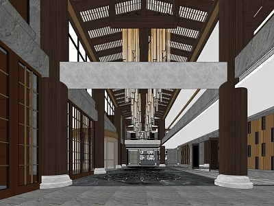 Spacious Hotel Lobby With High Ceiling Wooden Columns And Elegant Chandeliers Design 3d model