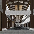 Spacious Hotel Lobby With High Ceiling Wooden Columns And Elegant Chandeliers Design