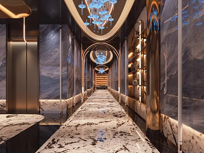 Luxurious KTV Corridor With Modern Marble Floor And Elegant Lighting Design 3d model