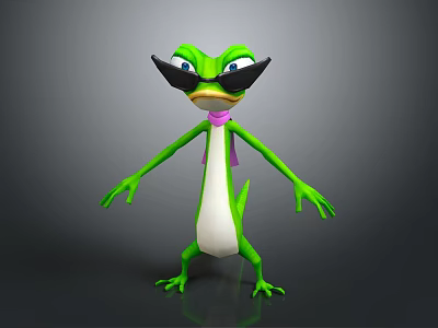 Green Lizard Game Movie Character With Black Sunglasses Pink Scarf White Belly In Standing Pose 3d model