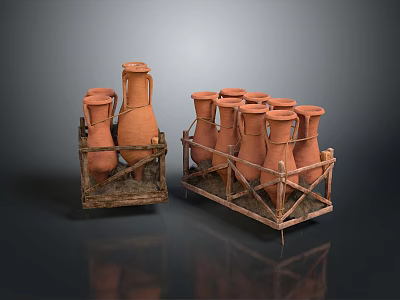 Terracotta Clay Pots Arranged in Wooden Crates for Storage Display Setup 3d model