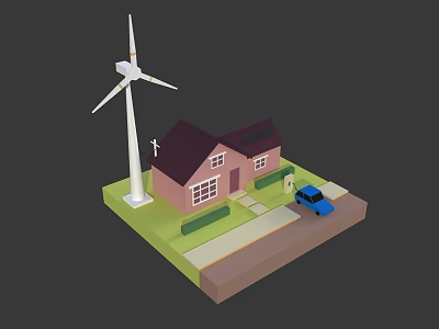 Cartoon Scene Featuring Pink House Wind Turbine Solar Panels Blue Car Green Lawn and Driveway 3d model