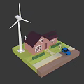 Cartoon Scene Featuring Pink House Wind Turbine Solar Panels Blue Car Green Lawn and Driveway