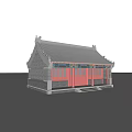 Traditional Chinese Ancient Building With Gray Tiled Roof Red Doors And Overhanging Eaves