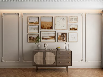 Stylish Interior With Framed Paintings On Wall And Wooden Console Cabinet 3d model