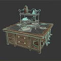 Wooden Kitchen Table With Multi Tiered Rack Condiment Bottles Plates Drawers And Utensils