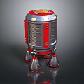 Red And Silver Cylindrical Mechanical Device With Striped Surface Three Legged Base And Orange Top 3d model