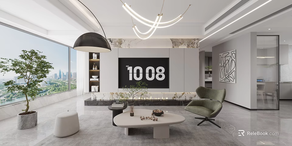 Modern Living Room Interior With City View Chandeliers And Coffee Table 3d model 