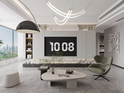 Modern Living Room Interior With City View Chandeliers And Coffee Table 3d model