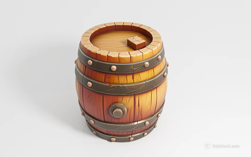 Decorative Wooden Barrel With Metal Hoops Round Opening And Small Block 3d model 