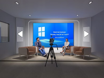 Two People Having Interview on Sofa with Camera and Microsoft Digital Safety Screen 3d model